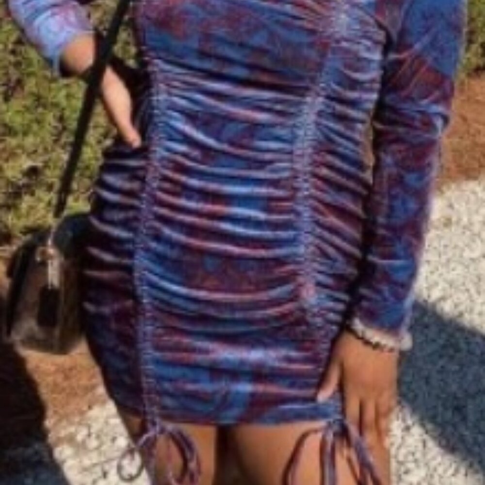 NWT Velvet  Retro Wild Fable Ruched Party Dress Lobg Sleeve Blue